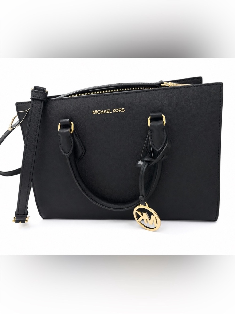 Michael Kors Black Saffiano Satchel with Gold Accent Charm